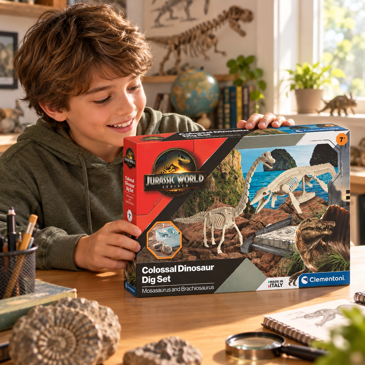Clementoni Jurassic World – Kit de excavación – escena ilustrativa generada con IA