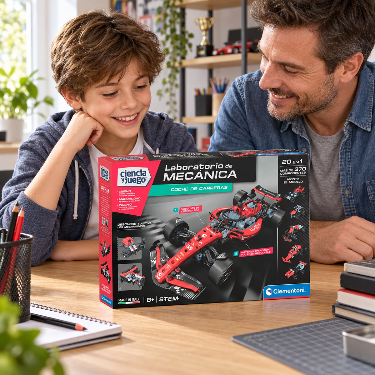 Clementoni Laboratorio de Mecánica – Coche de carreras: escena ilustrativa de uso generada con IA