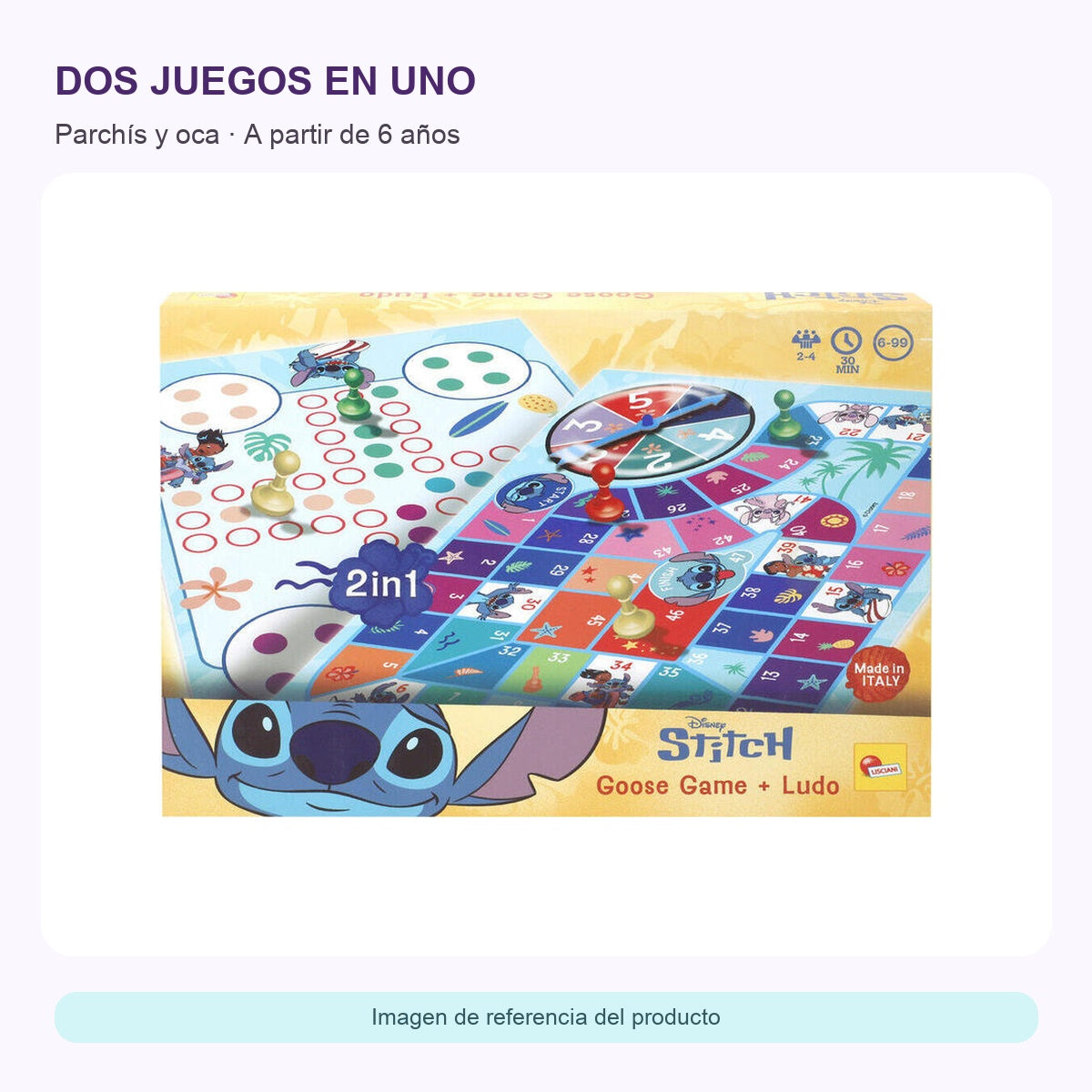 Stitch – Juego de parchís y oca — ficha visual elaborada con la fotografía original
