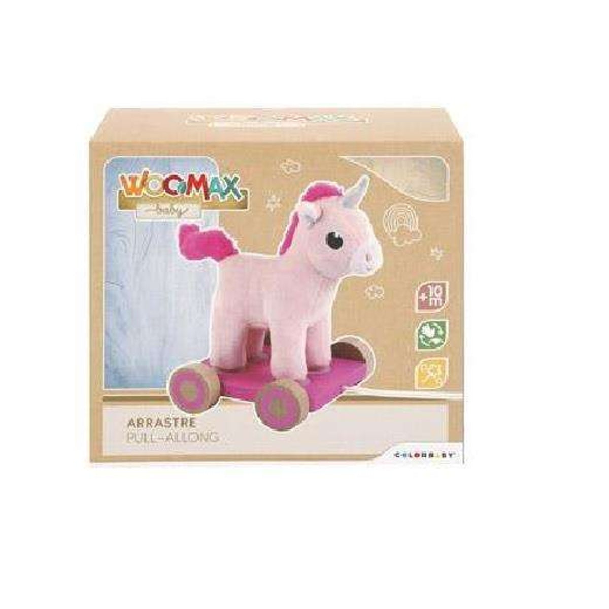 WOOMAX: unicornio de peluche con arrastre de madera
