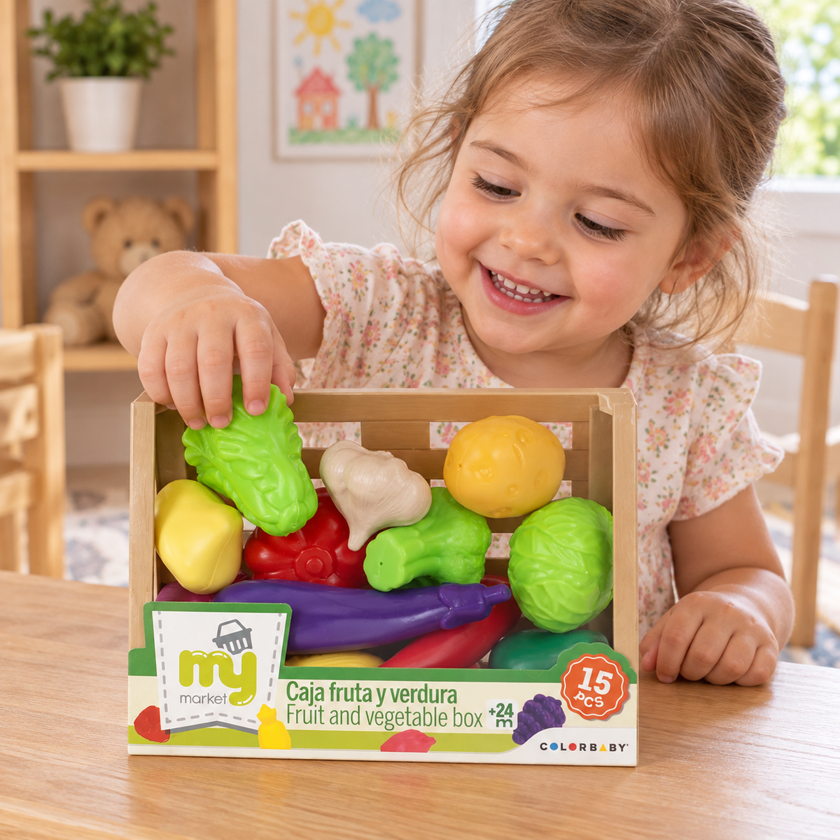 Escena ilustrativa de juego con caja de frutas y verduras, creada con IA