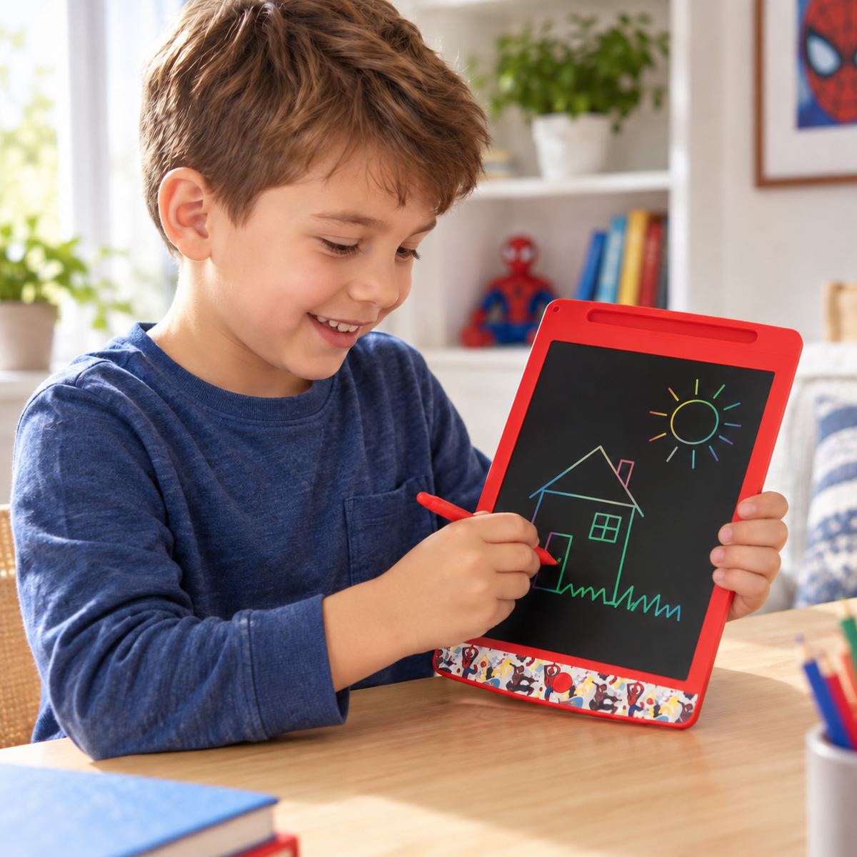 Escena ilustrativa de dibujo con pizarra LCD Spider-Man, creada con IA