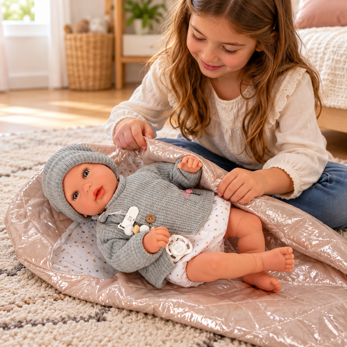 Muñeca bebé reborn Olivia con manta 45 cm · Arias — escena de uso ilustrativa generada con IA
