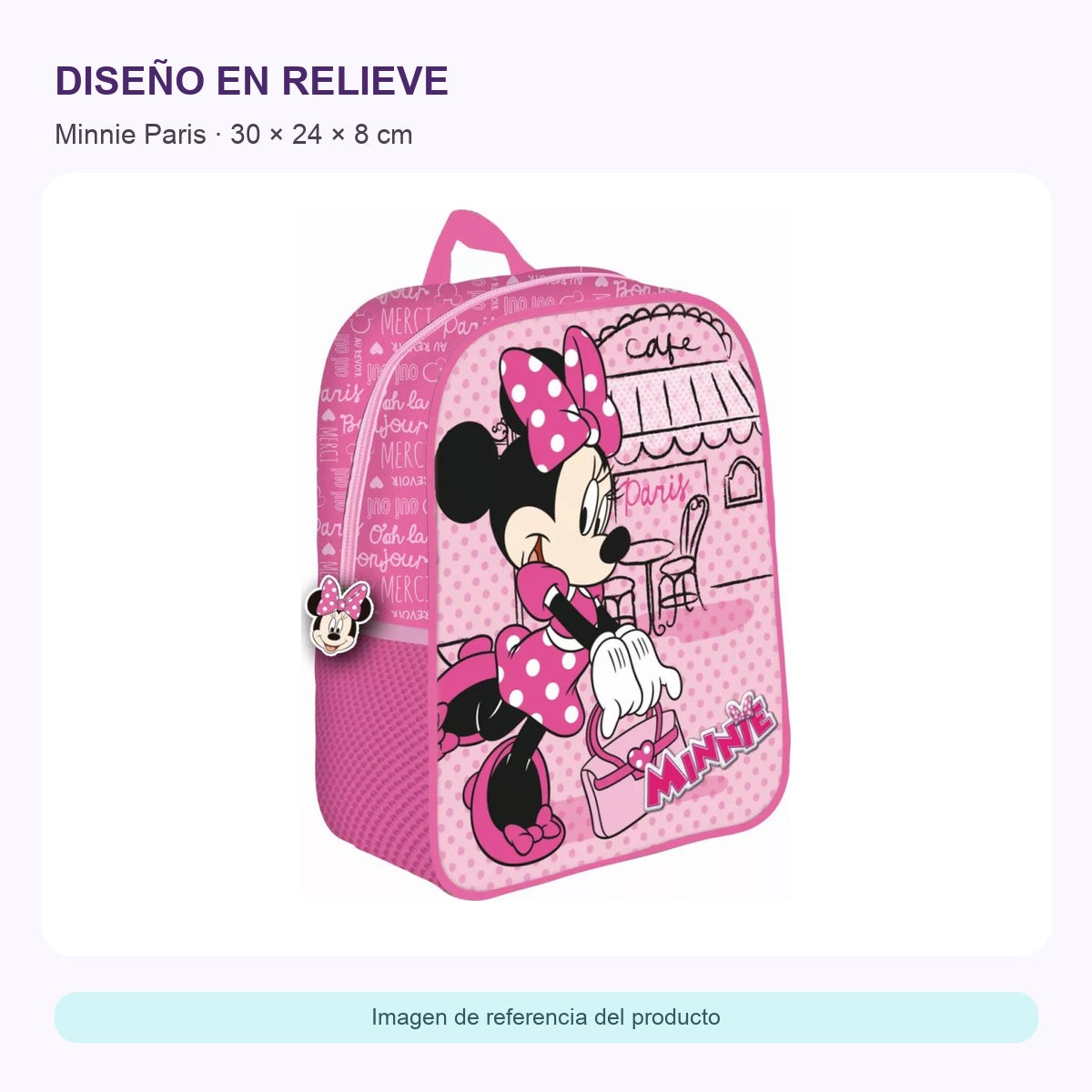 Mochila Minnie Paris 3D — ficha visual elaborada con la fotografía original