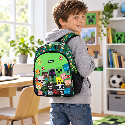 Mochila Minecraft en uso: escena ilustrativa creada con IA