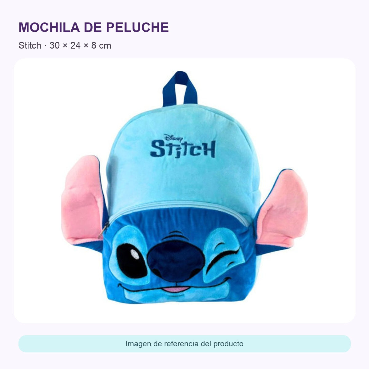 Mochila de peluche Stitch azul — ficha visual elaborada con la fotografía original