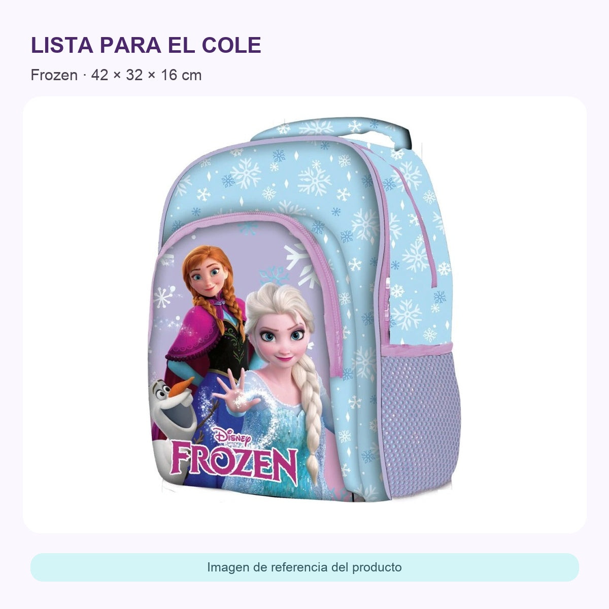 Mochila Frozen grande con triple cremallera — ficha visual elaborada con la fotografía original