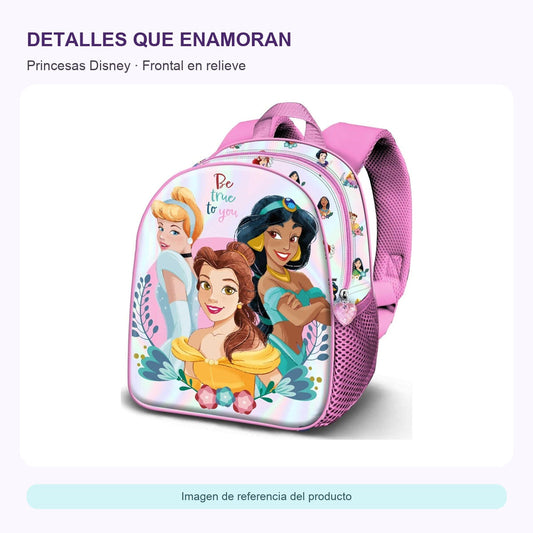 Mochila Princesas Disney 3D — ficha visual elaborada con la fotografía original