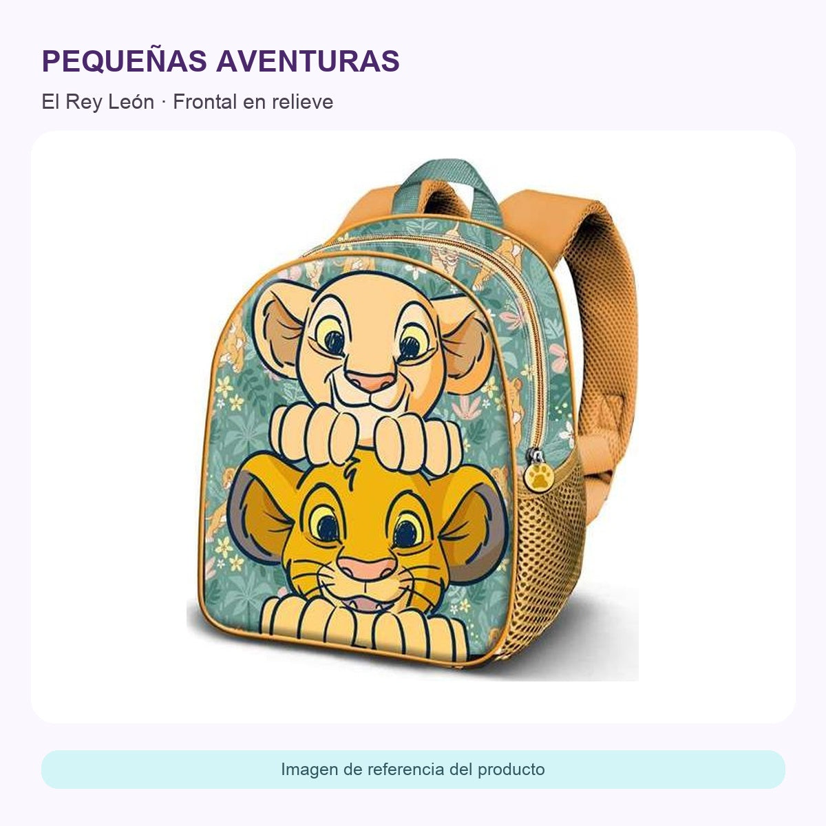 Mochila El Rey León 3D — ficha visual elaborada con la fotografía original