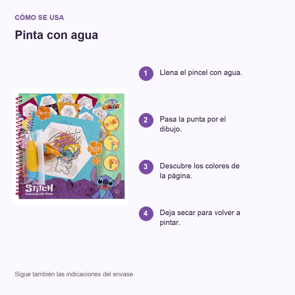Guía de uso en español: Libro para pintar con agua Stitch