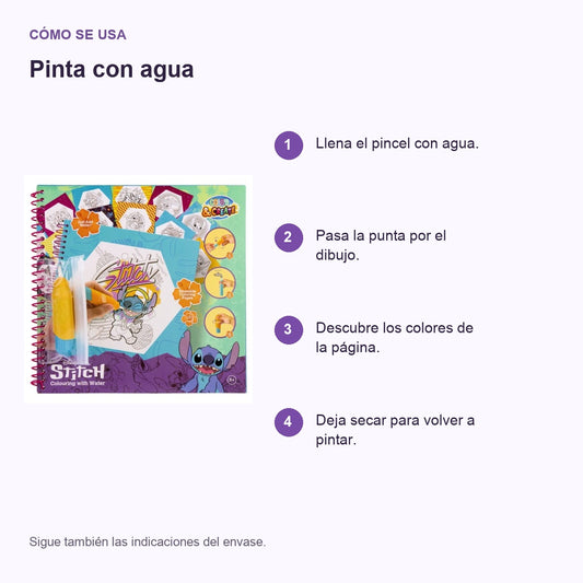 Guía de uso en español: Libro para pintar con agua Stitch