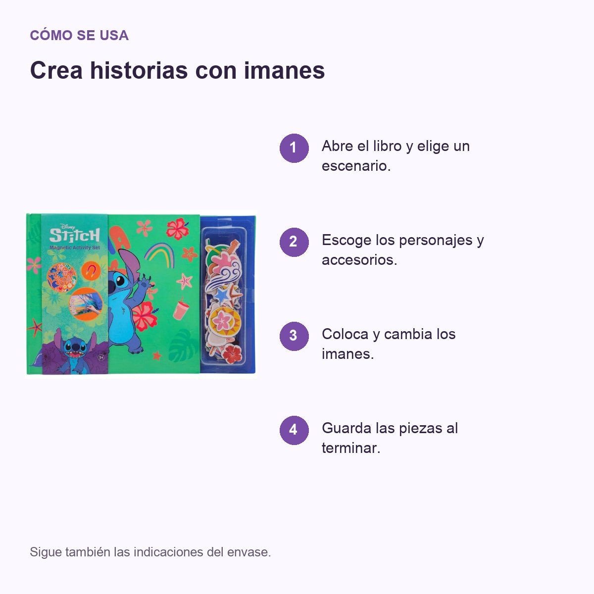 Guía de uso en español: Libro magnético Stitch