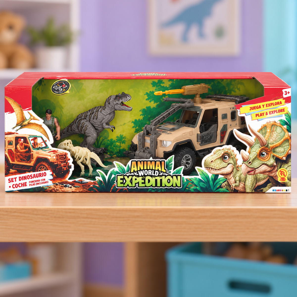 Set dinosaurio y vehículo Animal World Expedition — entorno ilustrativo generado con IA