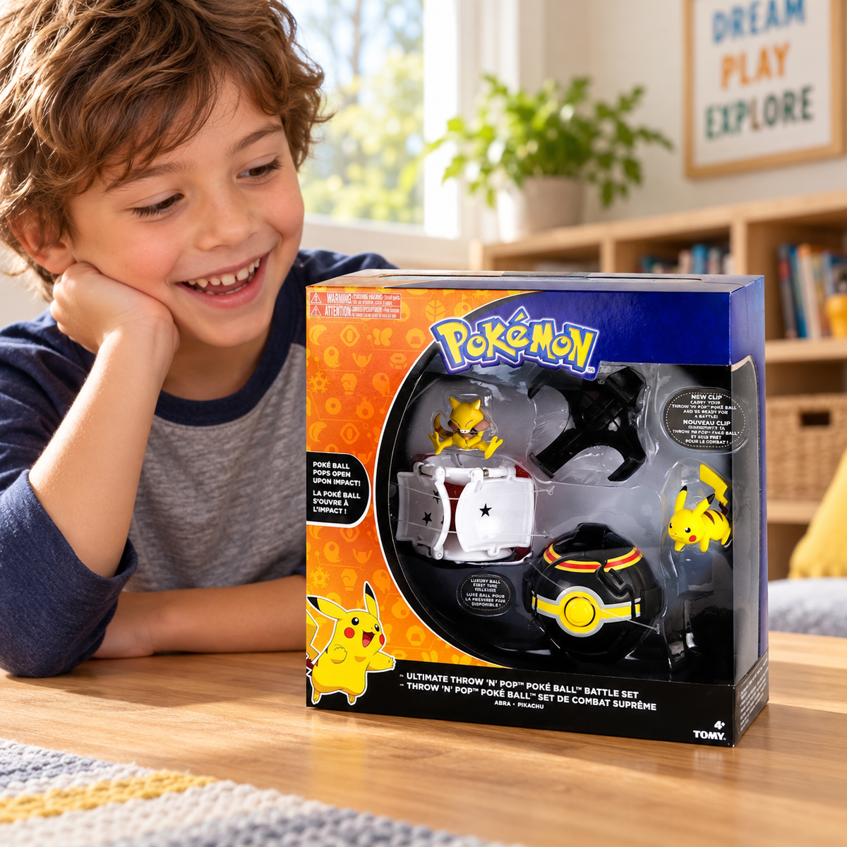 Pokémon Throw ’N’ Pop: Pikachu y Abra con Poké Balls: escena ilustrativa de ambiente generada con IA
