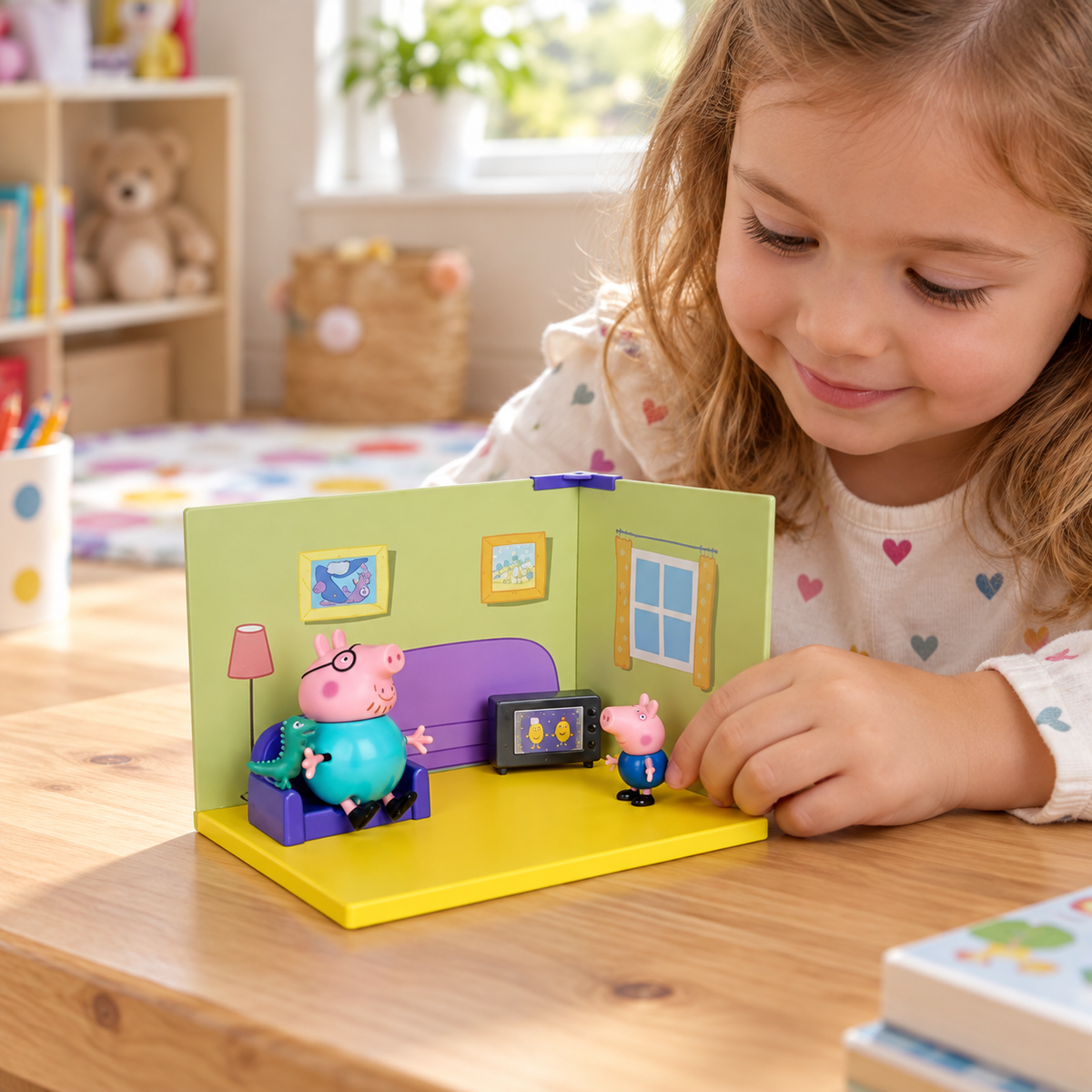 Escena ilustrativa de juego con Peppa Pig, creada con IA
