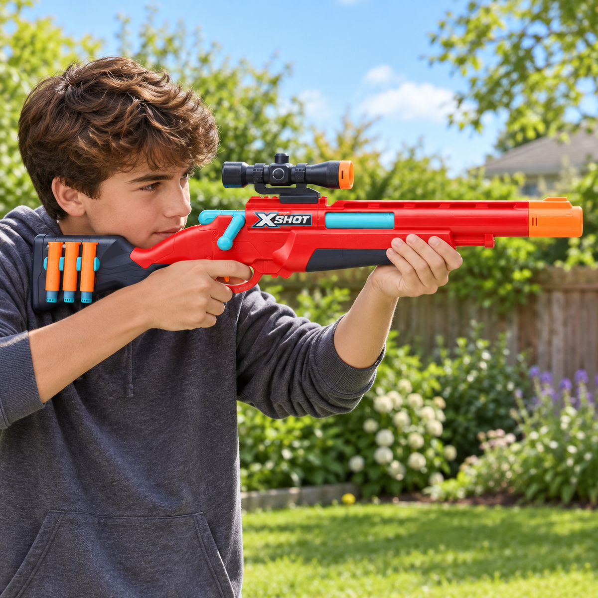 X-Shot Excel Bolt Action con 16 dardos: escena ilustrativa de uso generada con IA