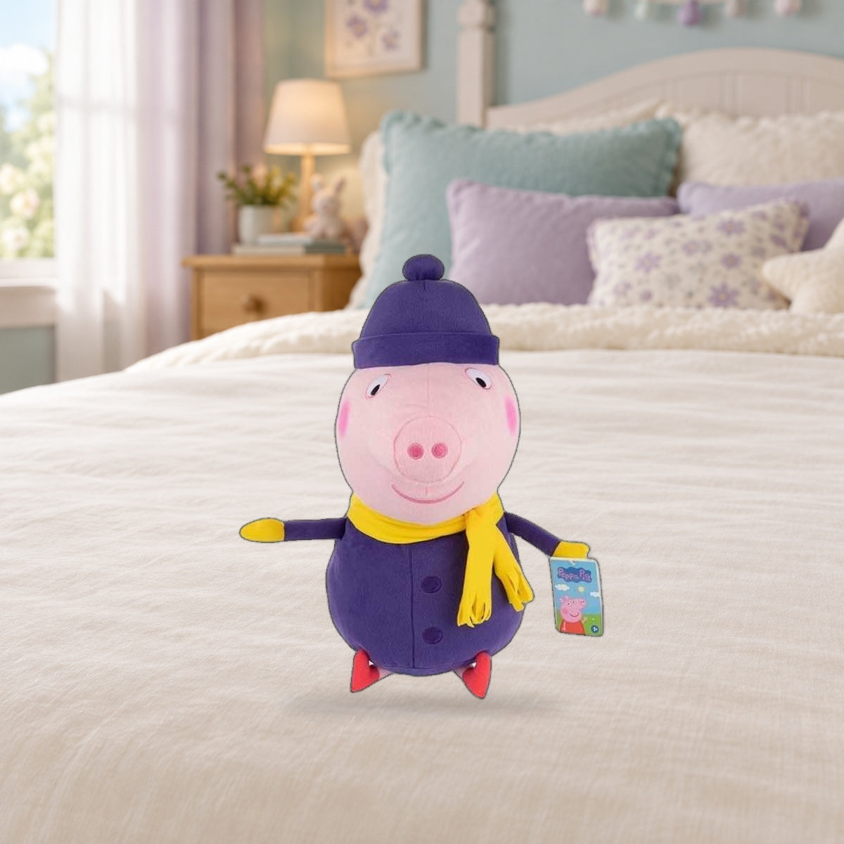 Composición de ambiente con fotografía original nítida: Peluche George de invierno · Peppa Pig · 50 cm