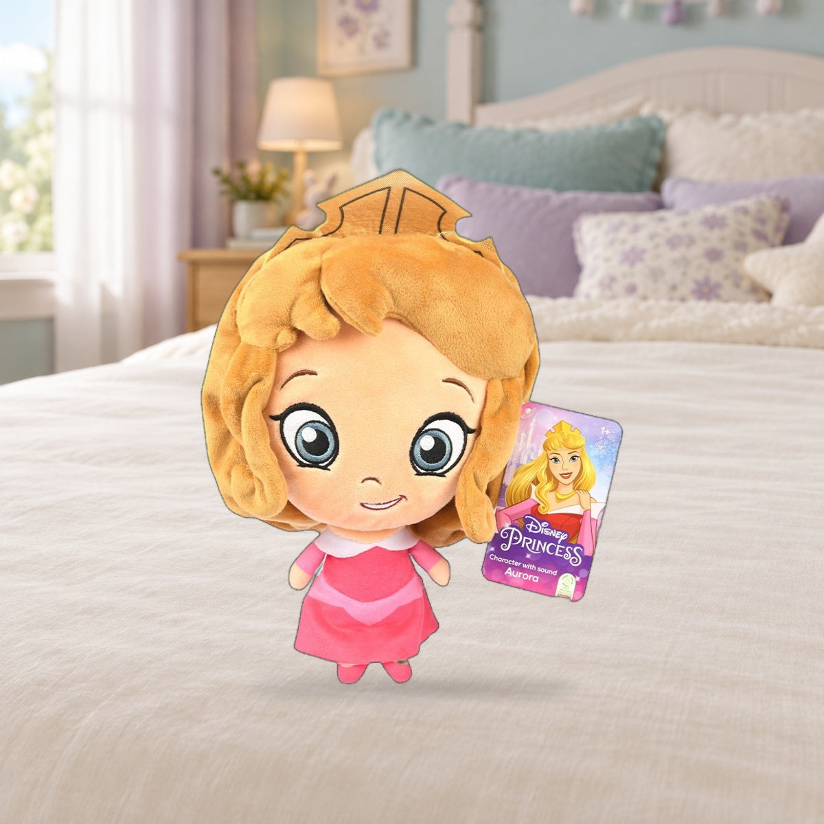 Composición de ambiente con fotografía original nítida: Peluche Aurora con sonido · Disney Princess · 28 cm