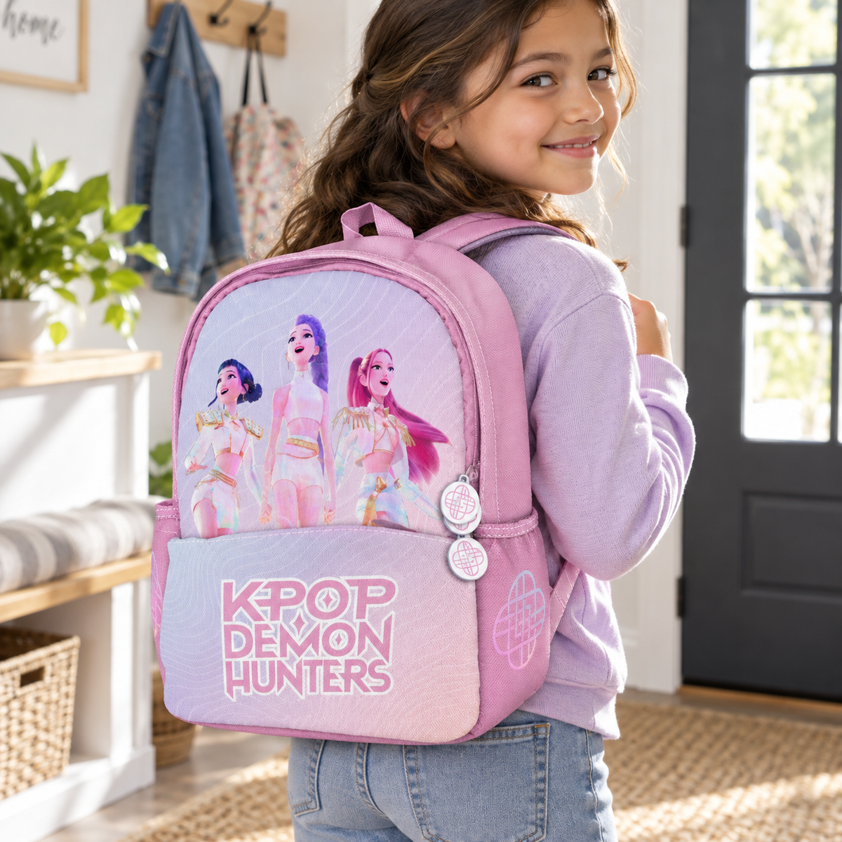 Mochila K-Pop Demon Hunters Golden Junior – escena ilustrativa creada con IA