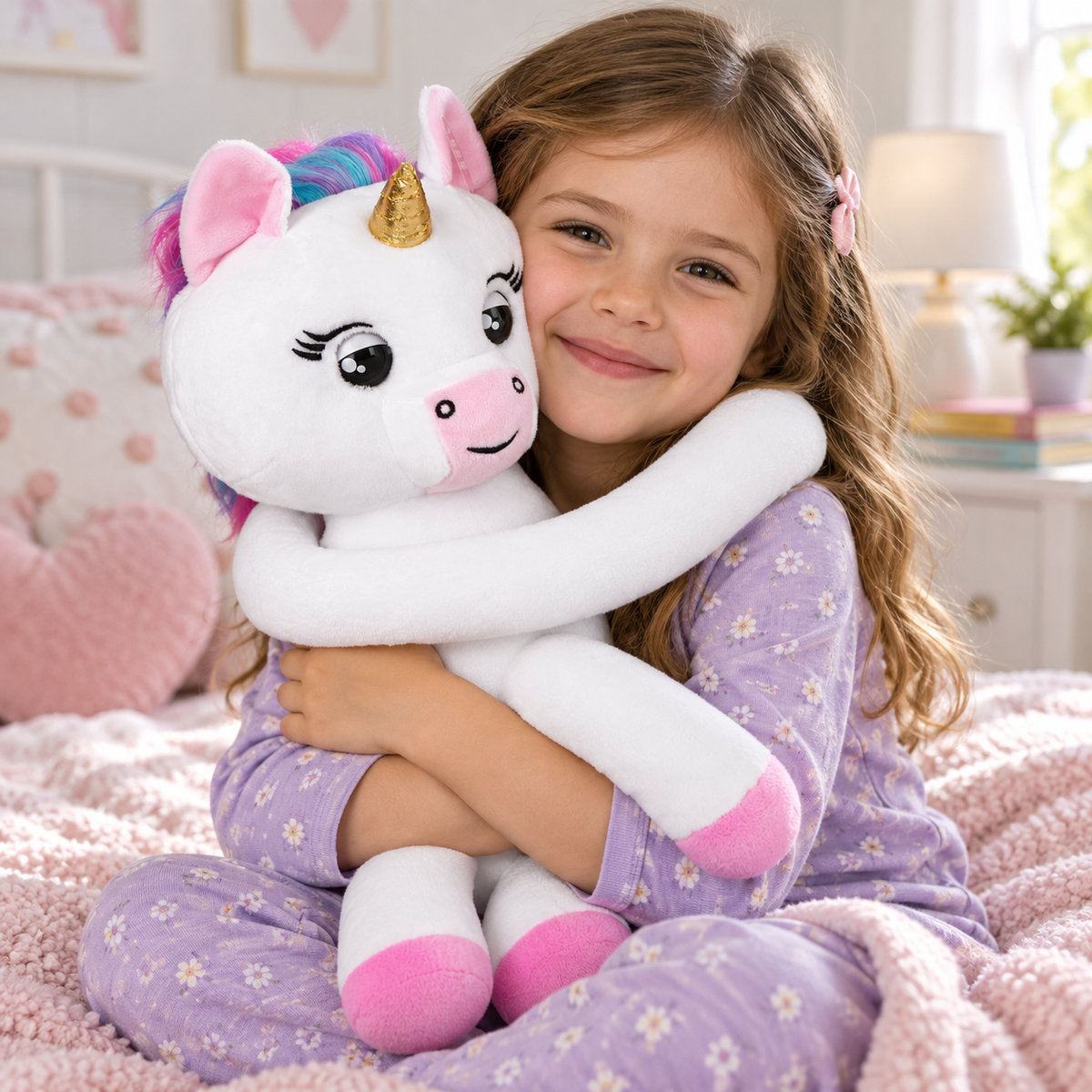 Escena ilustrativa abrazando el unicornio Gigi Fingerlings HUGS, creada con IA