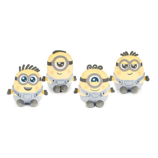 Cuatro modelos de Minions Kawaii, de izquierda a derecha: dos ojos abiertos, un ojo entrecerrado, un ojo abierto con pelo rizado y dos ojos entrecerrados.
