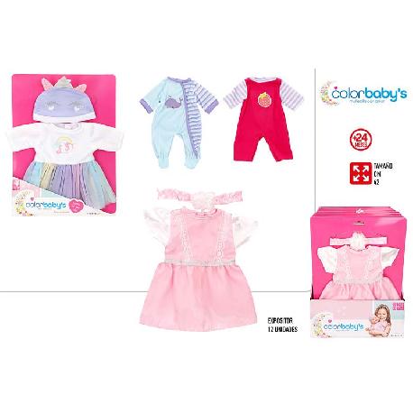 Ropa Colorbaby para muñecas de 42 cm: vestido unicornio, pijama azul, peto rojo y vestido rosa