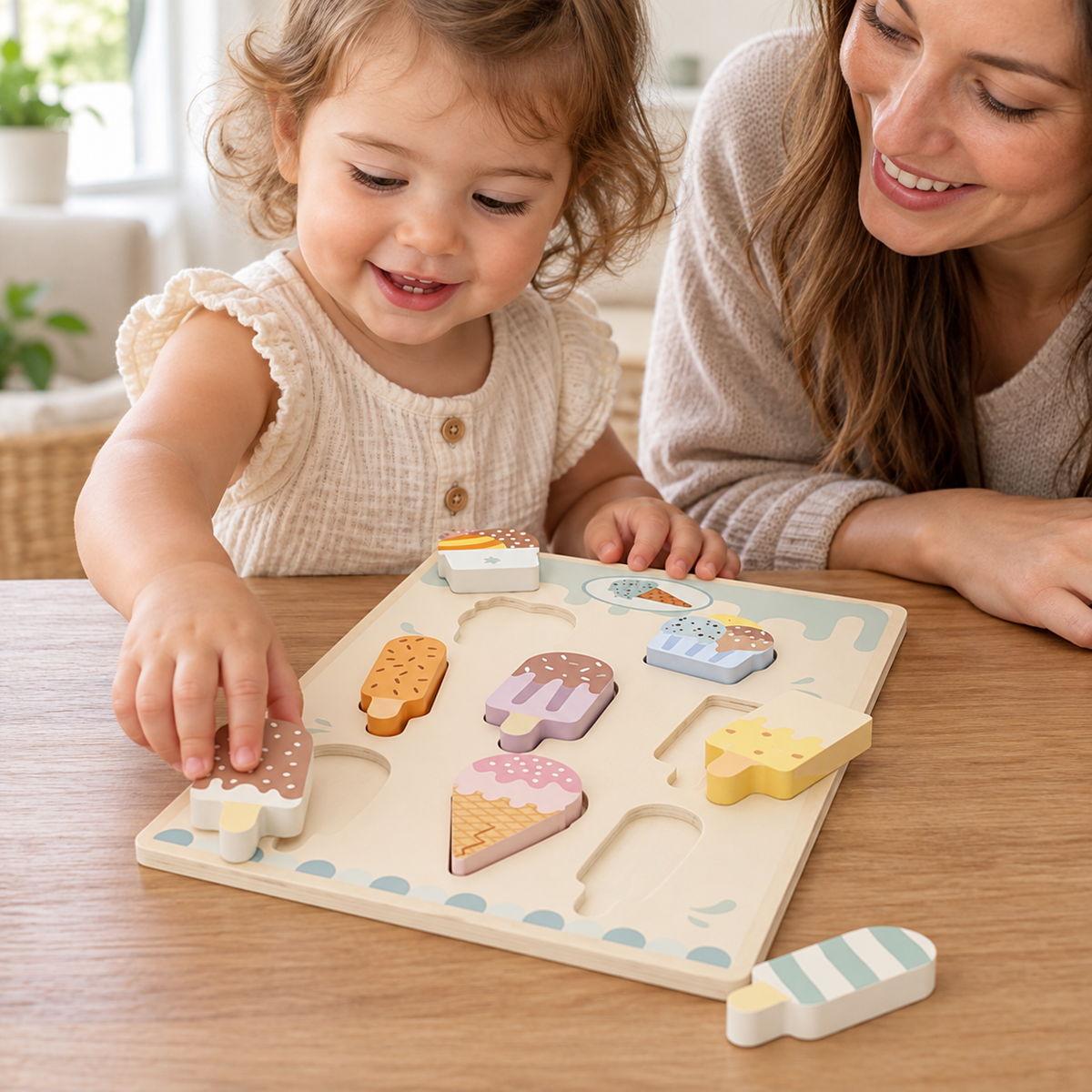 Escena ilustrativa de uso del puzzle de helados WOOMAX, creada con IA