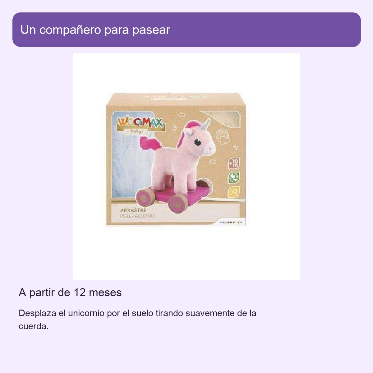WOOMAX: unicornio de peluche con arrastre de madera