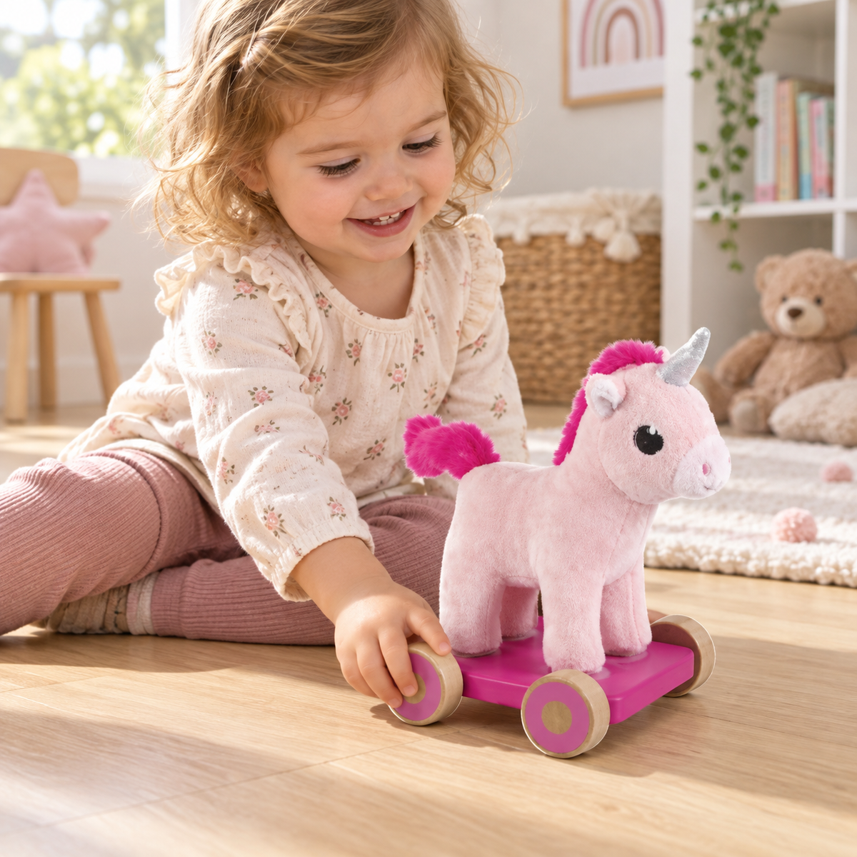 Escena ilustrativa de juego con unicornio WOOMAX, creada con IA