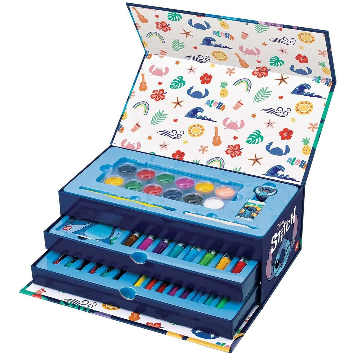 Caja de dibujo Stitch y Angel de 50 piezas abierta, con sus tres bandejas