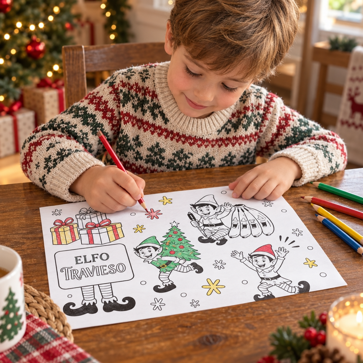 Escena ilustrativa coloreando un mantel del Elfo Travieso, creada con IA