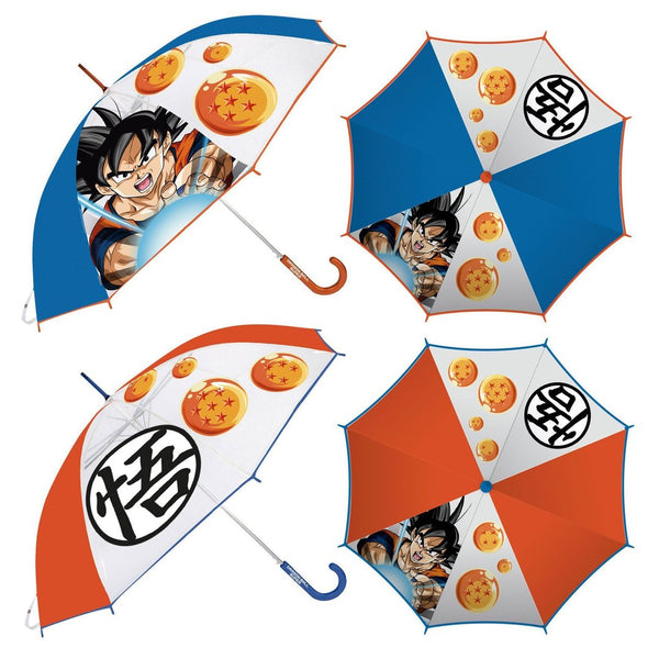 Paraguas Dragon Ball: modelos azul y naranja, vistos de lado y desde arriba