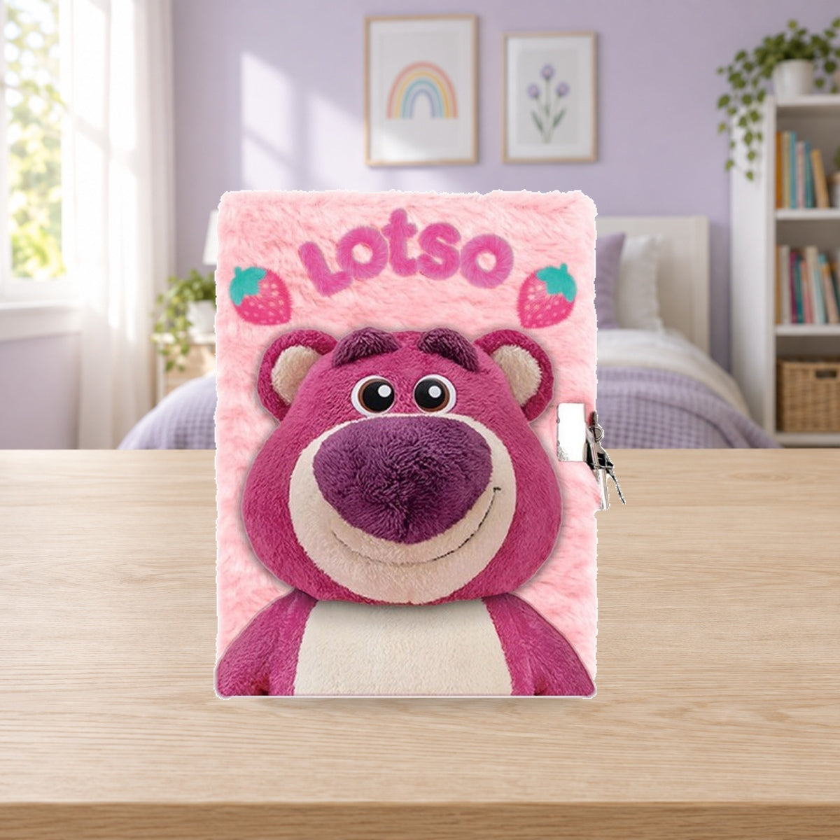 Composición de ambiente con fotografía original: Libreta A5 de peluche 3D Lotso