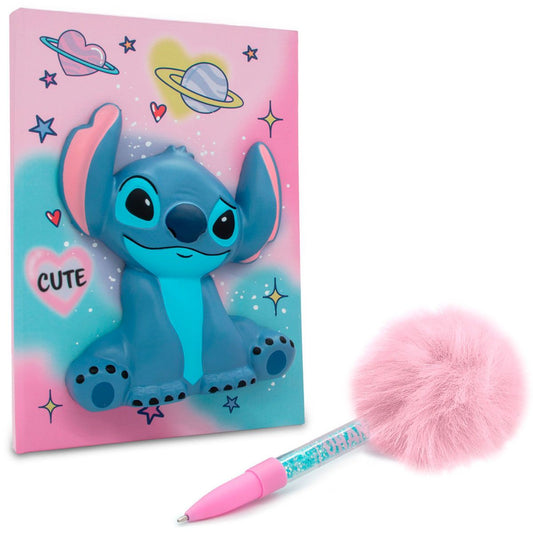 Libreta squishy Stitch con bolígrafo de pompón