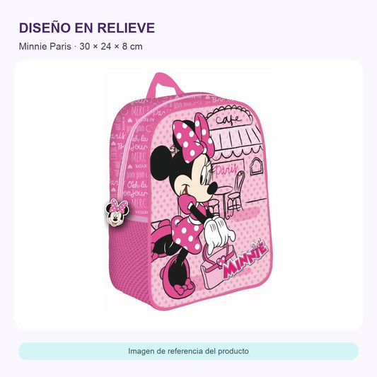 Mochila Minnie Paris 3D — ficha visual elaborada con la fotografía original