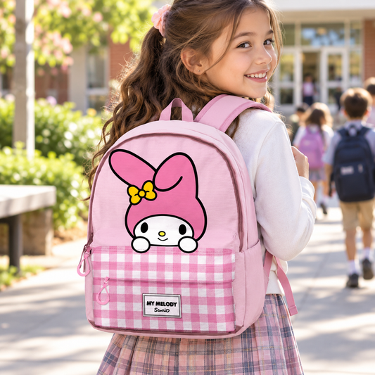 Escena ilustrativa creada con IA: niña con mochila My Melody