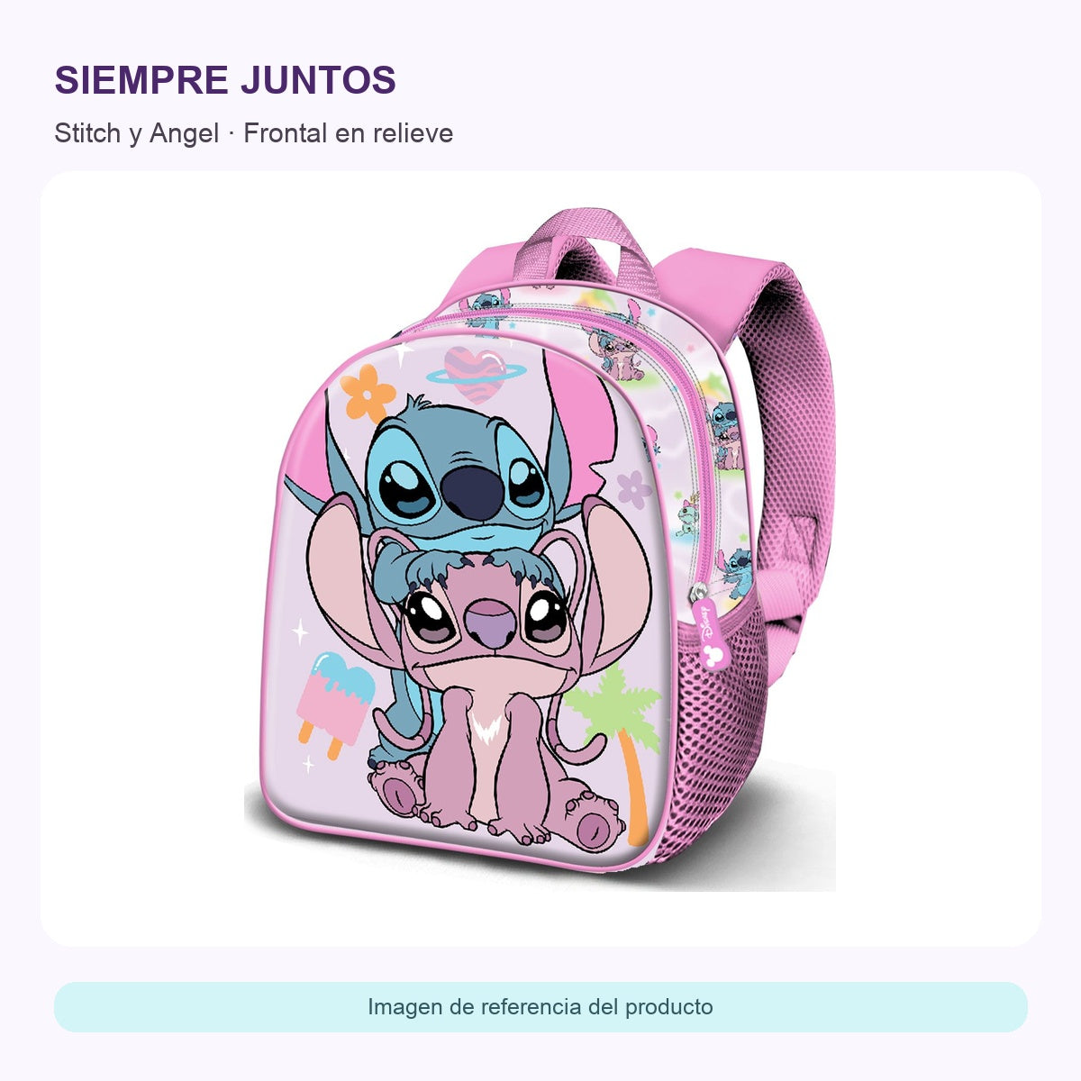 Mochila Stitch 3D — ficha visual elaborada con la fotografía original