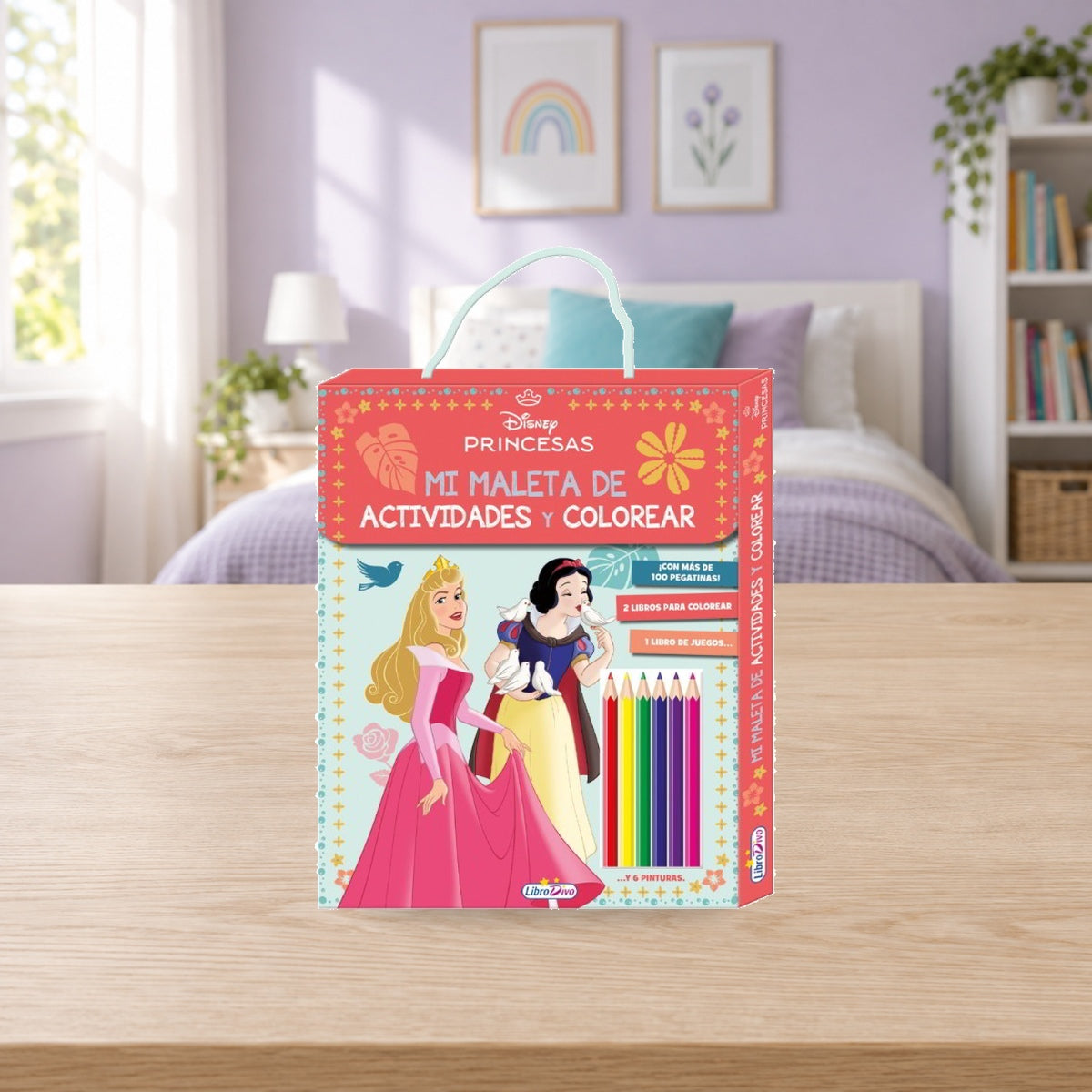 Composición de ambiente con fotografía original: Maletín de actividades para colorear Princesas Disney