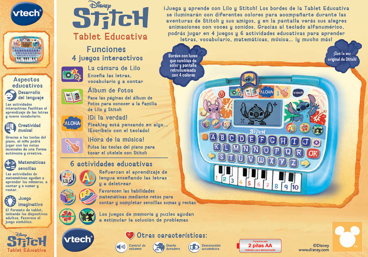 Tablet educativa Stitch VTech: juegos, actividades y funciones explicadas en el envase oficial