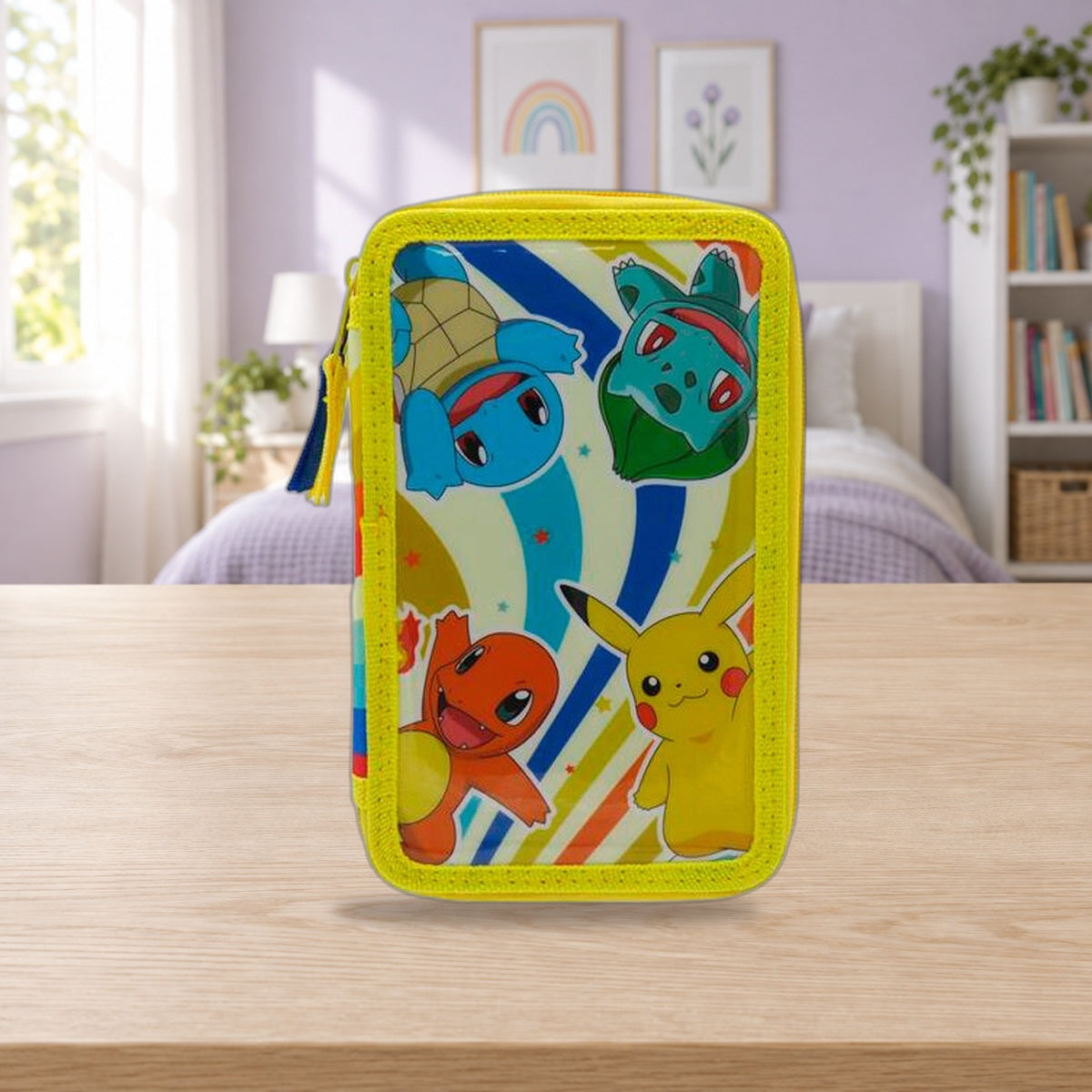 Composición de ambiente con la foto original: Estuche de 3 pisos con material Pokémon