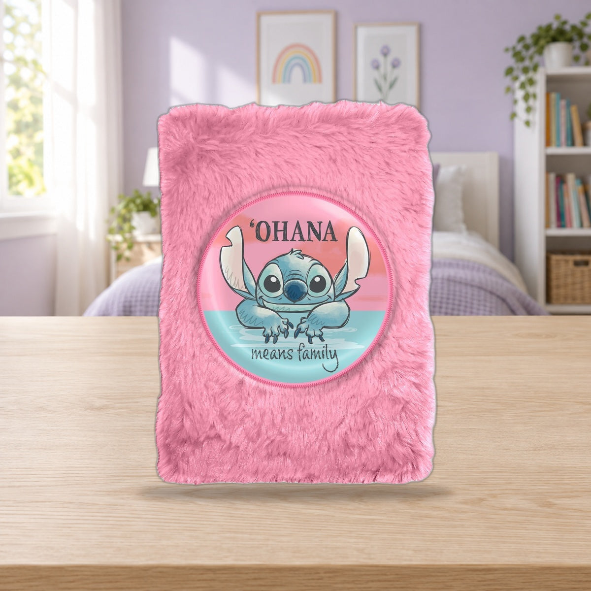 Composición de ambiente con la foto original: Libreta de peluche Stitch
