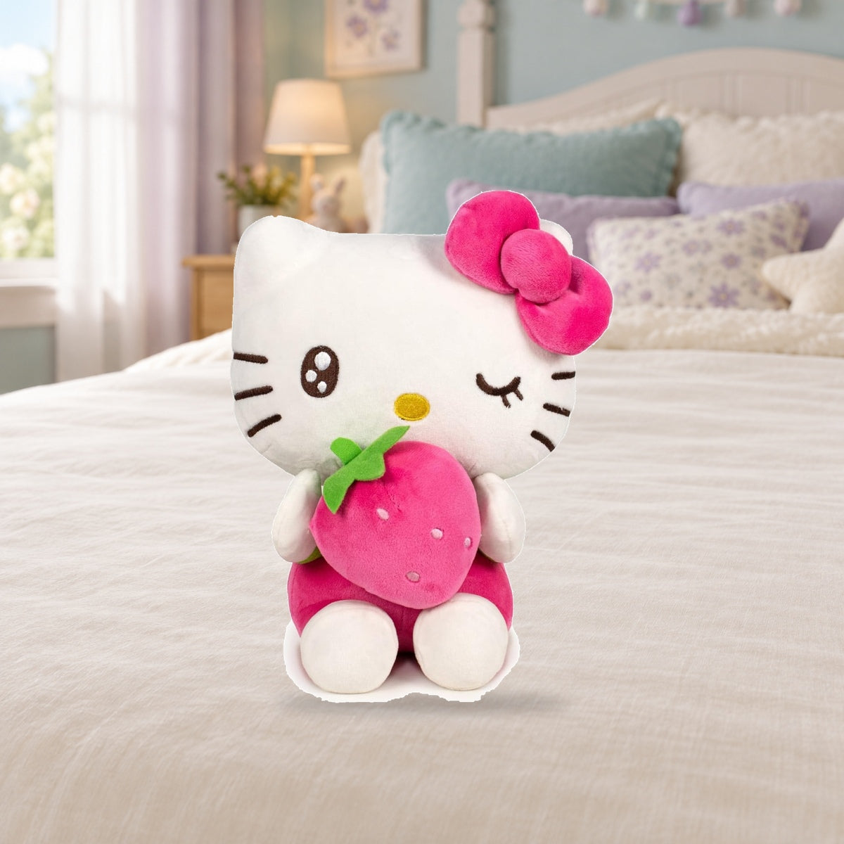Composición de ambiente con fotografía original: Peluche Hello Kitty Frutas · 22 cm