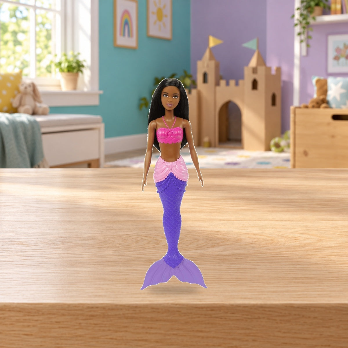 Composición de ambiente con fotografía original: Barbie Dreamtopia sirena – cola morada