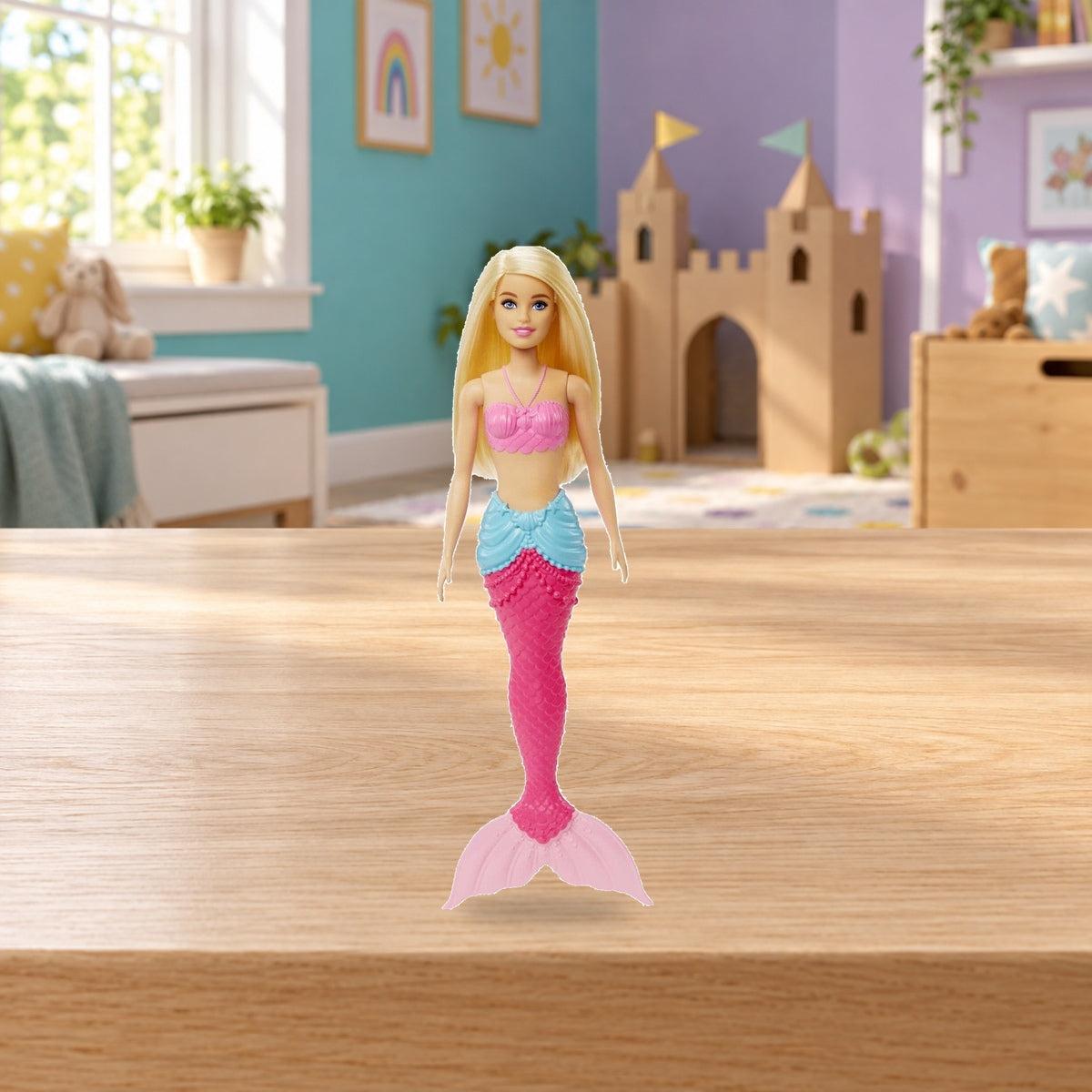 Composición de ambiente con fotografía original: Barbie Dreamtopia sirena – cola rosa