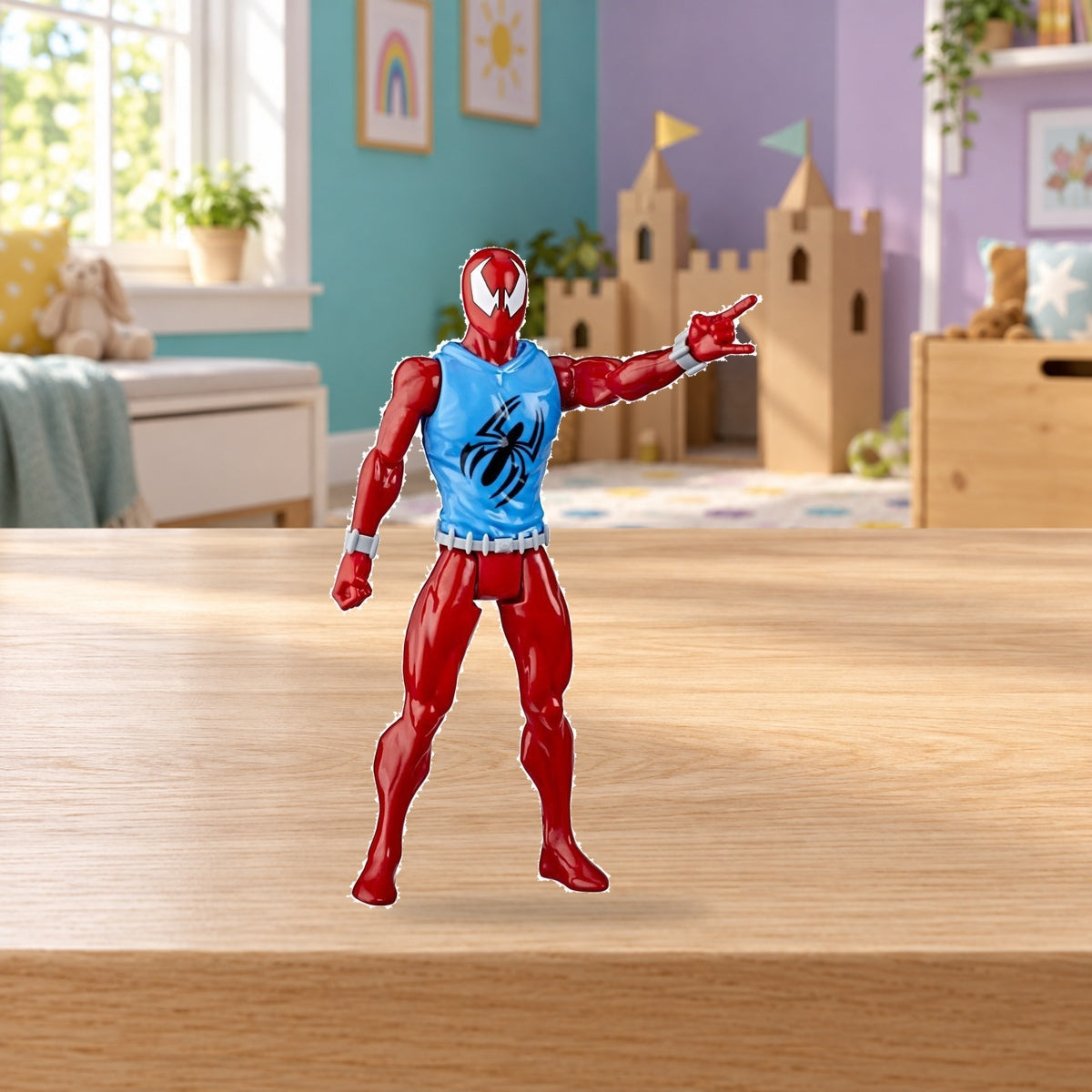 Composición de ambiente con fotografía original: Scarlet Spider Titan Hero – 30 cm