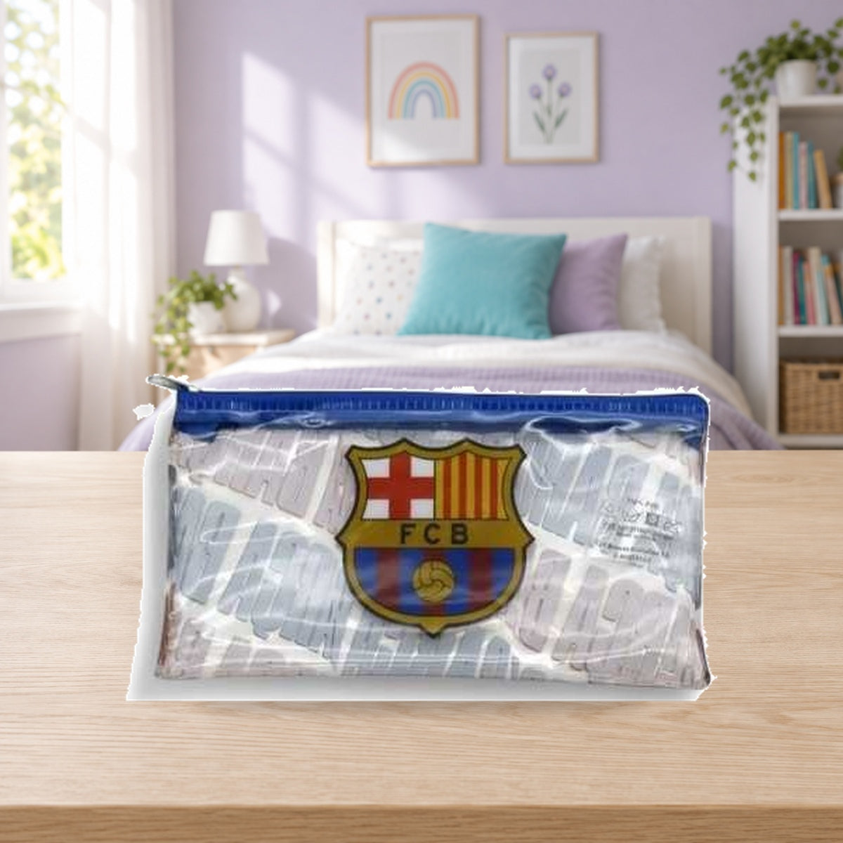 Composición de ambiente con fotografía original: Estuche con material escolar FC Barcelona