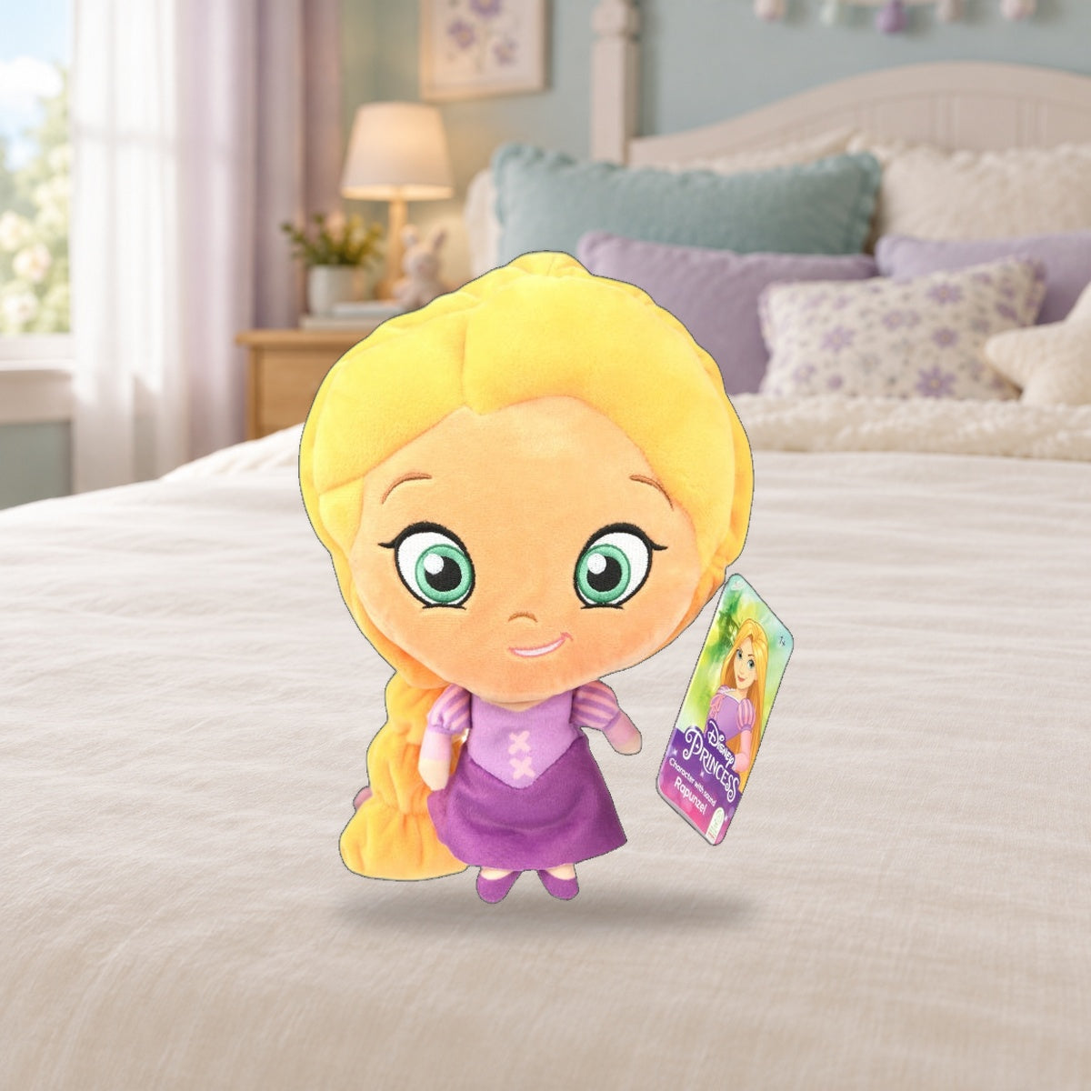 Composición de ambiente con fotografía original: Peluche Rapunzel con sonido · Disney Princess · 28 cm