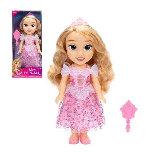 Aurora de 38 cm con vestido rosa, tiara y cepillo