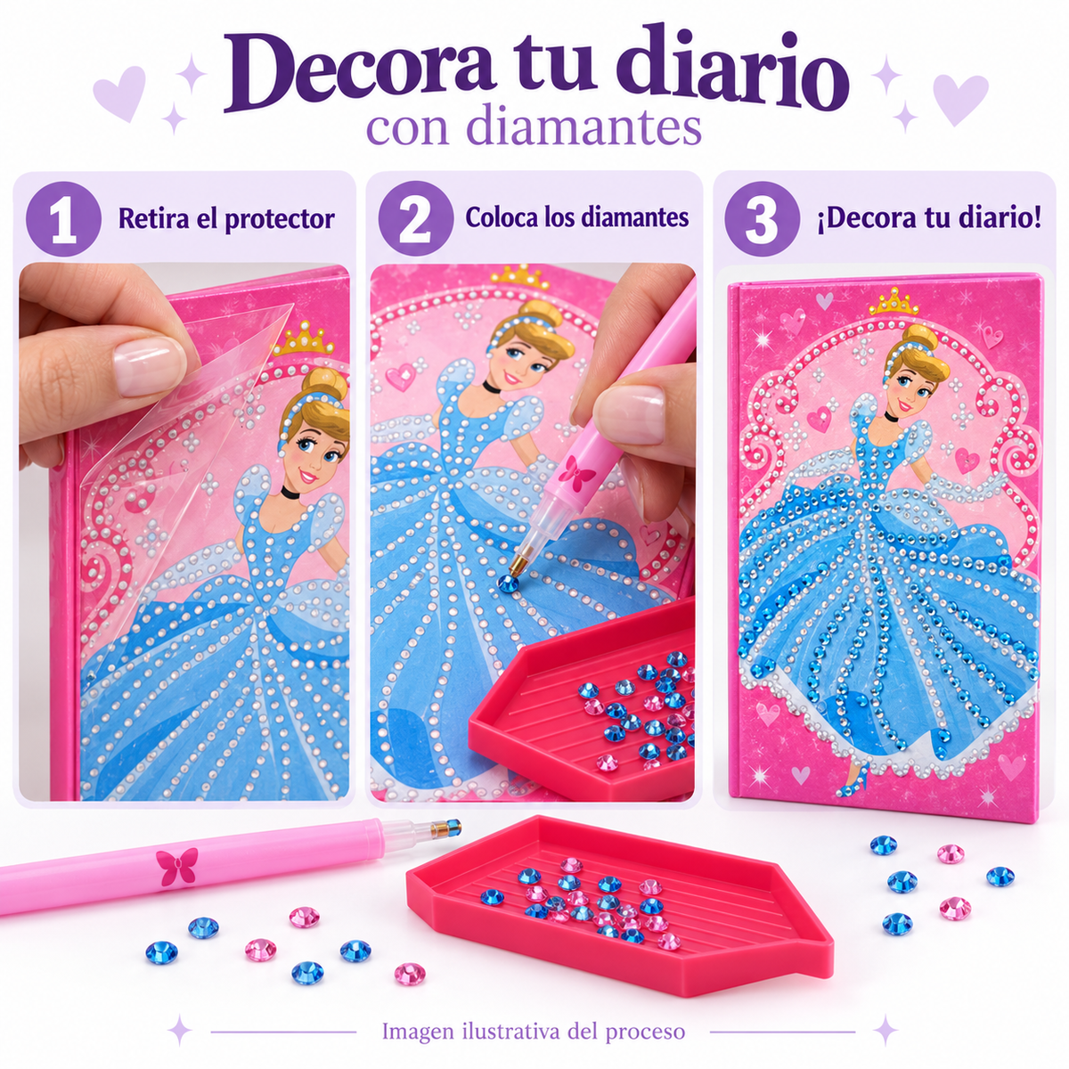 Diario Princesas — ilustración de cómo decorar con diamantes
