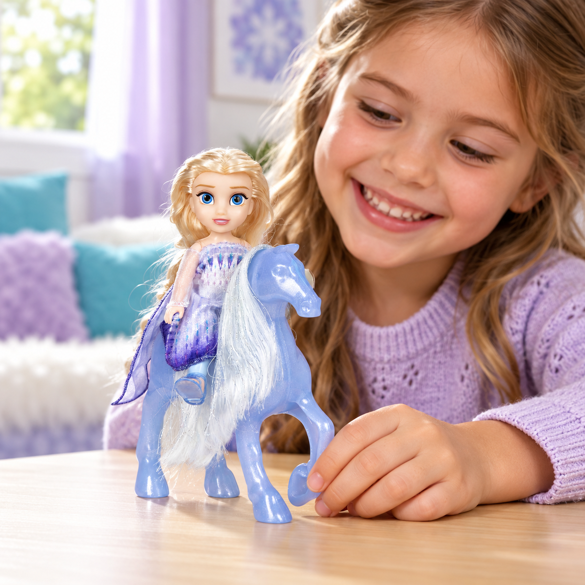 Escena ilustrativa creada con IA: niña jugando con Elsa y Nokk